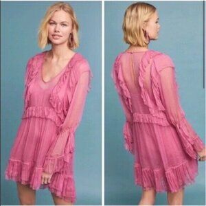 Love Sam Size XS Tuileries Ruffle High Low Mini Dress Pink Semi-Sheer Romantic